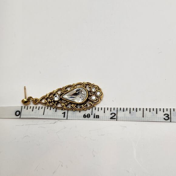 Teardrop Gold Tone Clear Rhinestone Dangle Drop Post Earrings Scrollwork Jewelry - Picture 5 of 5